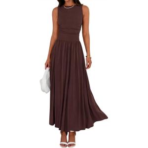 imageBTFBM Summer Maxi Dresses for Women 2026 Spring Sleeveless Casual Ruched High Waisted Long Sundress Flowy Beach DressCoffee
