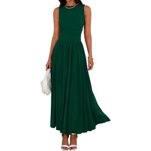 imageBTFBM Summer Maxi Dresses for Women 2026 Spring Sleeveless Casual Ruched High Waisted Long Sundress Flowy Beach DressDark Green
