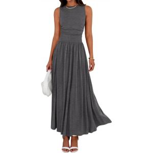 imageBTFBM Summer Maxi Dresses for Women 2026 Spring Sleeveless Casual Ruched High Waisted Long Sundress Flowy Beach DressDark Grey