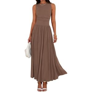 imageBTFBM Summer Maxi Dresses for Women 2026 Spring Sleeveless Casual Ruched High Waisted Long Sundress Flowy Beach DressKhaki