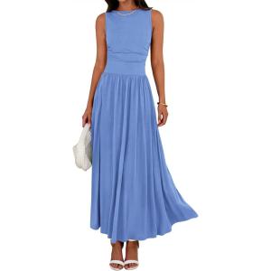 imageBTFBM Summer Maxi Dresses for Women 2026 Spring Sleeveless Casual Ruched High Waisted Long Sundress Flowy Beach DressLight Blue