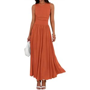 imageBTFBM Summer Maxi Dresses for Women 2026 Spring Sleeveless Casual Ruched High Waisted Long Sundress Flowy Beach DressOrange