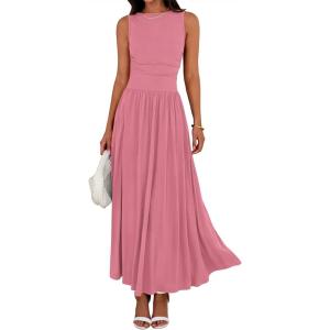 imageBTFBM Summer Maxi Dresses for Women 2026 Spring Sleeveless Casual Ruched High Waisted Long Sundress Flowy Beach DressPink