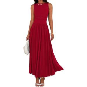 imageBTFBM Summer Maxi Dresses for Women 2026 Spring Sleeveless Casual Ruched High Waisted Long Sundress Flowy Beach DressRed