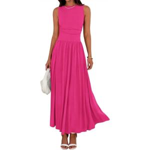 imageBTFBM Summer Maxi Dresses for Women 2026 Spring Sleeveless Casual Ruched High Waisted Long Sundress Flowy Beach DressRose Red