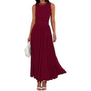 imageBTFBM Summer Maxi Dresses for Women 2026 Spring Sleeveless Casual Ruched High Waisted Long Sundress Flowy Beach DressWine Red