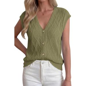 imageBTFBM Sweater Vest Women V Neck Cap Sleeve Button Down Knit Tops Spring Summer 2026 Loose Lightweight Cardigan VestsArmy Green