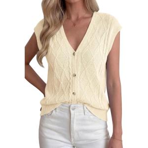imageBTFBM Sweater Vest Women V Neck Cap Sleeve Button Down Knit Tops Spring Summer 2026 Loose Lightweight Cardigan VestsBeige