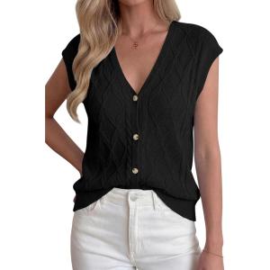 imageBTFBM Sweater Vest Women V Neck Cap Sleeve Button Down Knit Tops Spring Summer 2026 Loose Lightweight Cardigan VestsBlack
