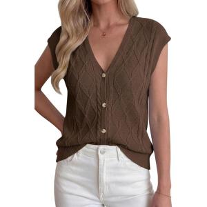 imageBTFBM Sweater Vest Women V Neck Cap Sleeve Button Down Knit Tops Spring Summer 2026 Loose Lightweight Cardigan VestsBrown