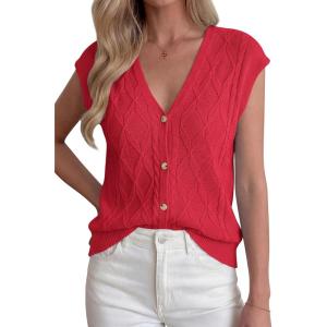 imageBTFBM Sweater Vest Women V Neck Cap Sleeve Button Down Knit Tops Spring Summer 2026 Loose Lightweight Cardigan VestsRed
