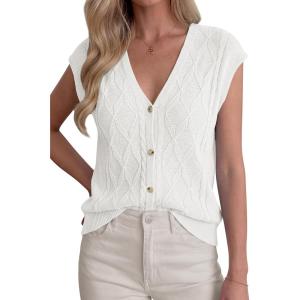 imageBTFBM Sweater Vest Women V Neck Cap Sleeve Button Down Knit Tops Spring Summer 2026 Loose Lightweight Cardigan VestsWhite