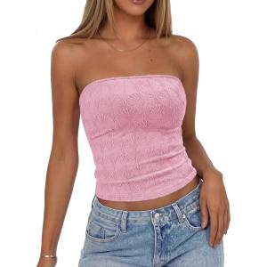 imageBTFBM Tube Tops for Women Floral Embroidery Summer Crop Top 2026 Strapless Going Out Y2K Beach Vacation Spring ClothesPink
