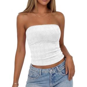 imageBTFBM Tube Tops for Women Floral Embroidery Summer Crop Top 2026 Strapless Going Out Y2K Beach Vacation Spring ClothesWhite