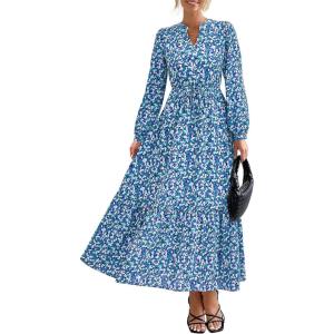 imageBTFBM Women Boho Maxi Dress Fall Fashion 2025 Floral Long Sleeve V Neck Button Pockets Flowy Vacation Wedding DressesBlue