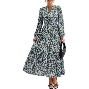 imageBTFBM Women Boho Maxi Dress Fall Fashion 2025 Floral Long Sleeve V Neck Button Pockets Flowy Vacation Wedding DressesFloral Blue Yellow