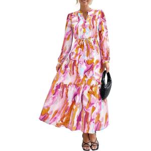 imageBTFBM Women Boho Maxi Dress Fall Fashion 2025 Floral Long Sleeve V Neck Button Pockets Flowy Vacation Wedding DressesFloral Multicolored