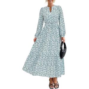 imageBTFBM Women Boho Maxi Dress Fall Fashion 2025 Floral Long Sleeve V Neck Button Pockets Flowy Vacation Wedding DressesFloral White Green