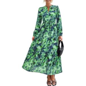 imageBTFBM Women Boho Maxi Dress Fall Fashion 2025 Floral Long Sleeve V Neck Button Pockets Flowy Vacation Wedding DressesGreen