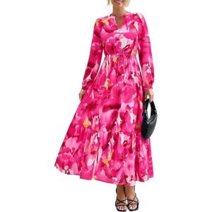 imageBTFBM Women Boho Maxi Dress Fall Fashion 2025 Floral Long Sleeve V Neck Button Pockets Flowy Vacation Wedding DressesWatercolour Rose Pink