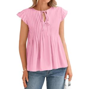 imageBTFBM Women Summer Casual Shirt 2025 Resort Outfits Ruffle Cap Sleeve Front Bow Tie Tops Loose Flowy Beach Blouse ShirtsPink