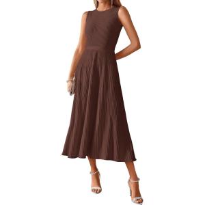 imageBTFBM Women Tank Midi Dress Summer Crewneck Sleeveless Pleated A Line Business Casual Formal Sweater Spring Dresses 2026Brown