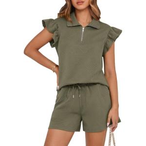 imageBTFBM Womens 2 Piece Outfits Spring Sweatsuit Zipper V Neck Casual Ruffle Cap Sleeve Tops Drawstring Shorts Lounge SetsArmy Green