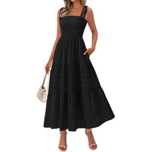 imageBTFBM Womens 2026 Spring Boho Spaghetti Strap Dress Casual Sleeveless Smocked A Line Beach Sundress Long Maxi DressesBlack