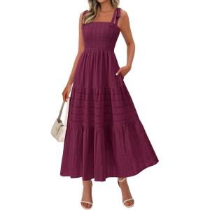 imageBTFBM Womens 2026 Spring Boho Spaghetti Strap Dress Casual Sleeveless Smocked A Line Beach Sundress Long Maxi DressesBurgundy