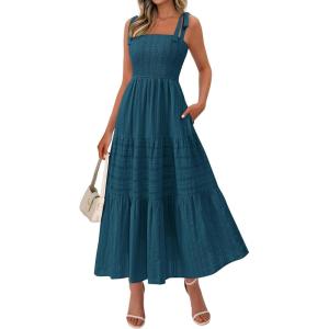 imageBTFBM Womens 2026 Spring Boho Spaghetti Strap Dress Casual Sleeveless Smocked A Line Beach Sundress Long Maxi DressesLake Blue