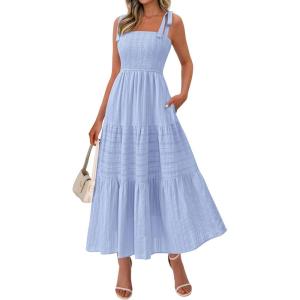 imageBTFBM Womens 2026 Spring Boho Spaghetti Strap Dress Casual Sleeveless Smocked A Line Beach Sundress Long Maxi DressesLight Blue