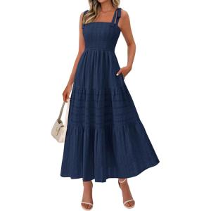 imageBTFBM Womens 2026 Spring Boho Spaghetti Strap Dress Casual Sleeveless Smocked A Line Beach Sundress Long Maxi DressesNavy Blue