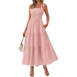 imageBTFBM Womens 2026 Spring Boho Spaghetti Strap Dress Casual Sleeveless Smocked A Line Beach Sundress Long Maxi DressesPink