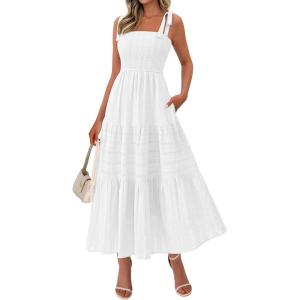 imageBTFBM Womens 2026 Spring Boho Spaghetti Strap Dress Casual Sleeveless Smocked A Line Beach Sundress Long Maxi DressesWhite