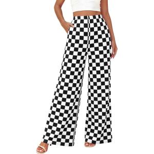 imageBTFBM Womens Checkered Palazzo Pants Wide Leg High Waisted Pockets Gingham Casual Lounge Pajama Trousers Summer OutfitsPlaid Black White