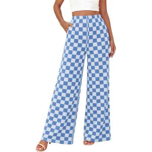 imageBTFBM Womens Checkered Palazzo Pants Wide Leg High Waisted Pockets Gingham Casual Lounge Pajama Trousers Summer OutfitsPlaid Blue