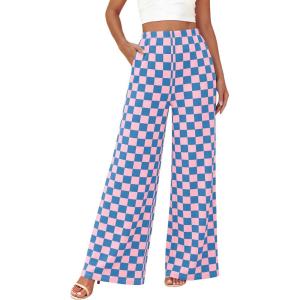imageBTFBM Womens Checkered Palazzo Pants Wide Leg High Waisted Pockets Gingham Casual Lounge Pajama Trousers Summer OutfitsPlaid Blue Pink