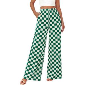 imageBTFBM Womens Checkered Palazzo Pants Wide Leg High Waisted Pockets Gingham Casual Lounge Pajama Trousers Summer OutfitsPlaid Green