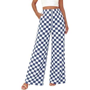 imageBTFBM Womens Checkered Palazzo Pants Wide Leg High Waisted Pockets Gingham Casual Lounge Pajama Trousers Summer OutfitsPlaid Grey Blue
