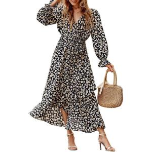 imageBTFBM Womens Dresses Spring Clothes 2026 V Neck Floral High Waist Ruffle Wedding Guest Cocktail Boho Long Sleeve DressBig Floral Black