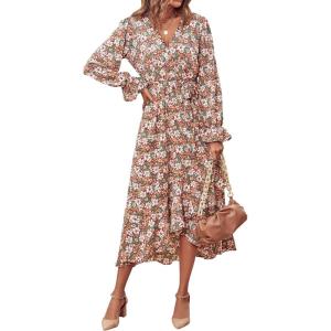 imageBTFBM Womens Dresses Spring Clothes 2026 V Neck Floral High Waist Ruffle Wedding Guest Cocktail Boho Long Sleeve DressBig Floral Brown Green
