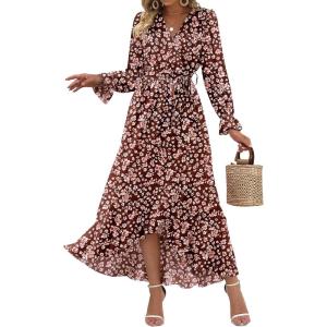imageBTFBM Womens Dresses Spring Clothes 2026 V Neck Floral High Waist Ruffle Wedding Guest Cocktail Boho Long Sleeve DressBig Floral Wine Red