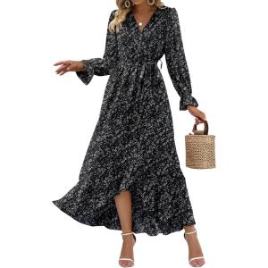 imageBTFBM Womens Dresses Spring Clothes 2026 V Neck Floral High Waist Ruffle Wedding Guest Cocktail Boho Long Sleeve DressFloral Black