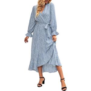 imageBTFBM Womens Dresses Spring Clothes 2026 V Neck Floral High Waist Ruffle Wedding Guest Cocktail Boho Long Sleeve DressFloral Blue