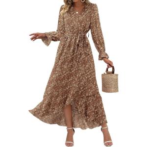 imageBTFBM Womens Dresses Spring Clothes 2026 V Neck Floral High Waist Ruffle Wedding Guest Cocktail Boho Long Sleeve DressFloral Brown