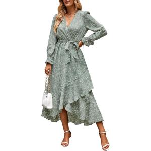 imageBTFBM Womens Dresses Spring Clothes 2026 V Neck Floral High Waist Ruffle Wedding Guest Cocktail Boho Long Sleeve DressFloral Green
