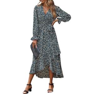 imageBTFBM Womens Dresses Spring Clothes 2026 V Neck Floral High Waist Ruffle Wedding Guest Cocktail Boho Long Sleeve DressFloral Light Blue Apricot