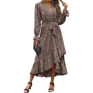 imageBTFBM Womens Dresses Spring Clothes 2026 V Neck Floral High Waist Ruffle Wedding Guest Cocktail Boho Long Sleeve DressLeopard Dot Light Khaki