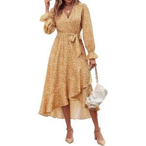 imageBTFBM Womens Dresses Spring Clothes 2026 V Neck Floral High Waist Ruffle Wedding Guest Cocktail Boho Long Sleeve DressWhite Floral Yellow