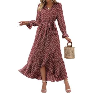 imageBTFBM Womens Dresses Spring Clothes 2026 V Neck Floral High Waist Ruffle Wedding Guest Cocktail Boho Long Sleeve DressWine RedWhite